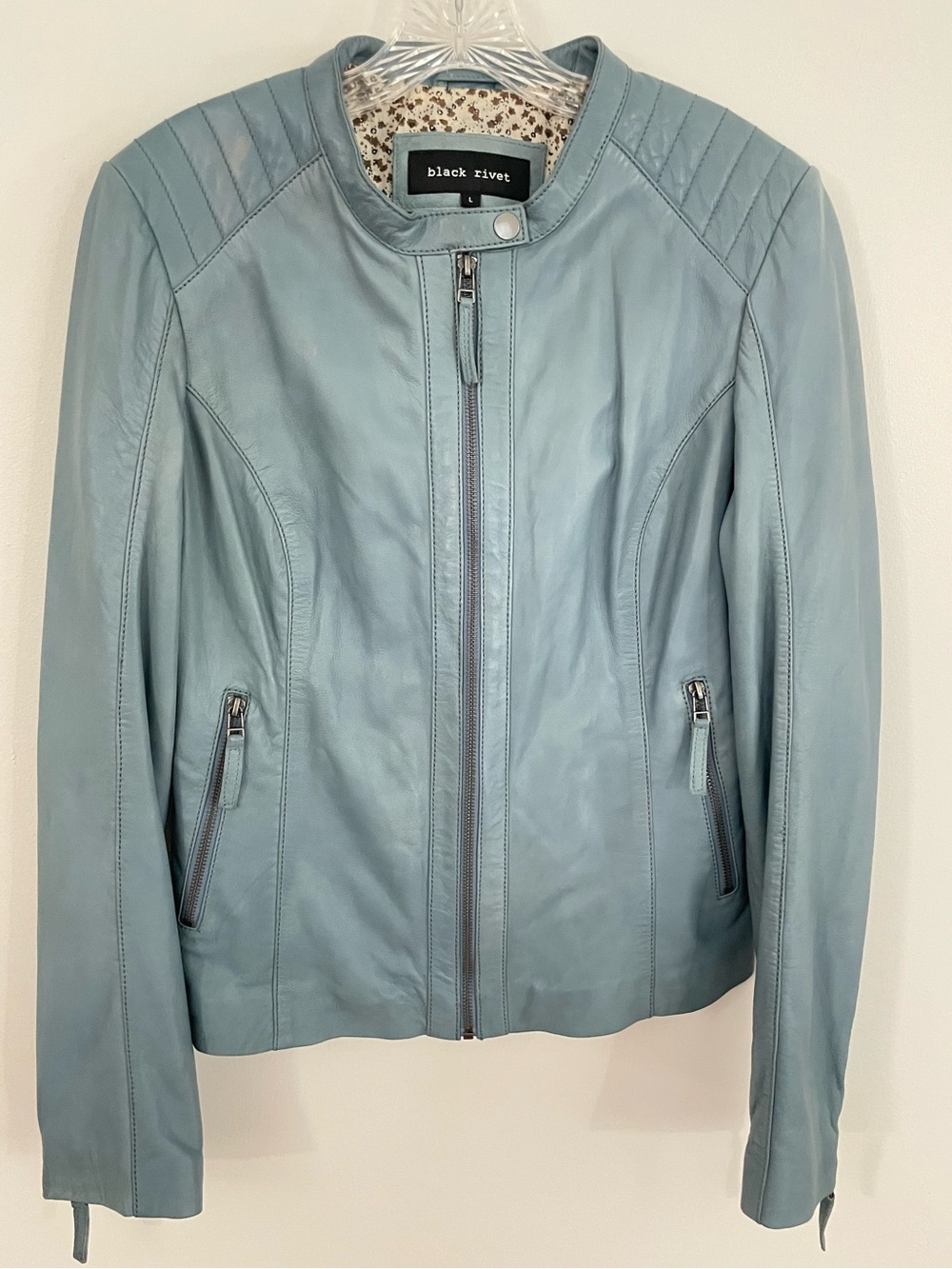 Black Rivet Blue Genuine Leather Moto Jacket Quilted Shoulders Floral Lined L
